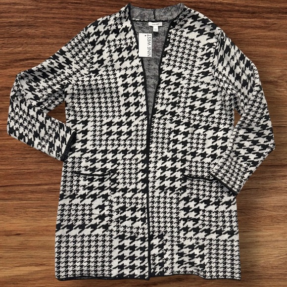 NWT Nine West Black & White Houndstooth Open-Front Cardigan Duster Sweater XXL - Picture 2 of 9